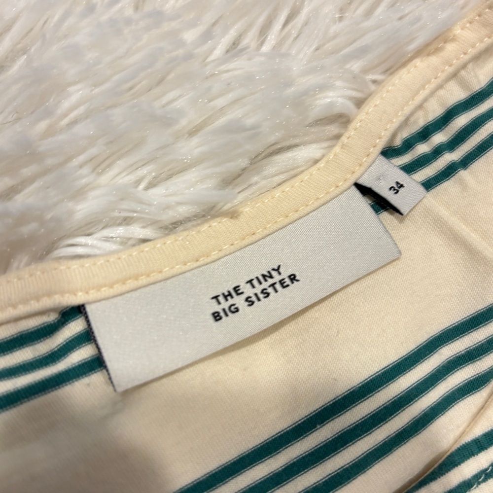 Tiny Big Sister - Woman’s cream and green striped balloon sleeved top 34 small - Picture 2 of 9